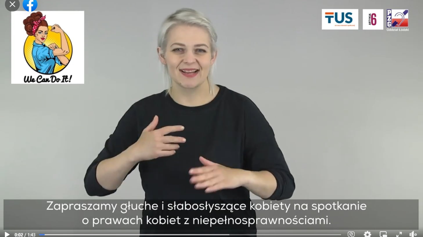 Kobieta ubrana na czarno uchwycona w trakcie migania w polskim języku migowym, na dole ekranu napis - zapraszamy głuche i słabosłyszące kobiety na spotkanie o prawach kobiet z niepełnosprawnościami.