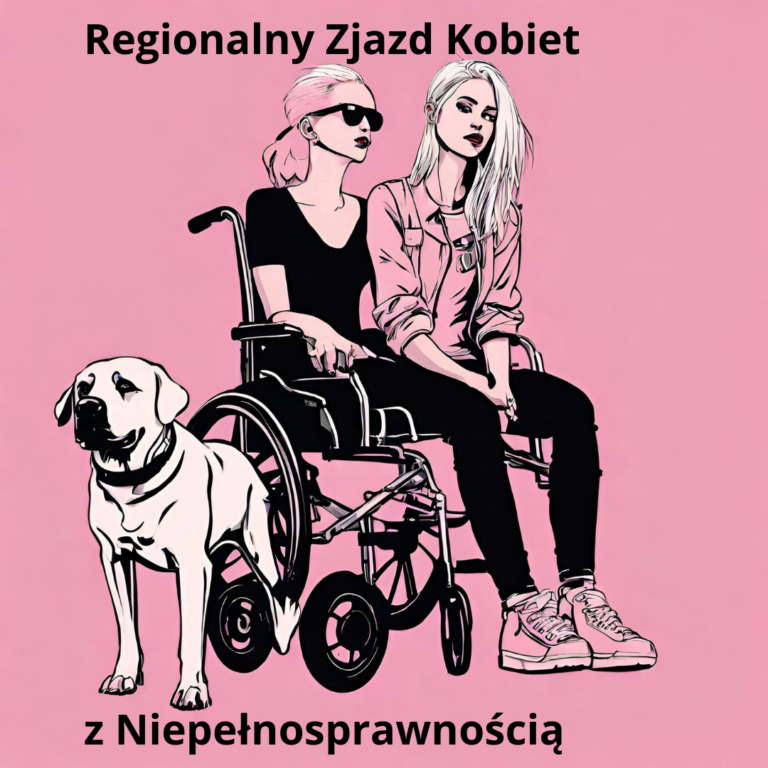 Dwie kobiety siedzące wspólnie na jednym wózku. Towarzyszy im pies typu labrador.