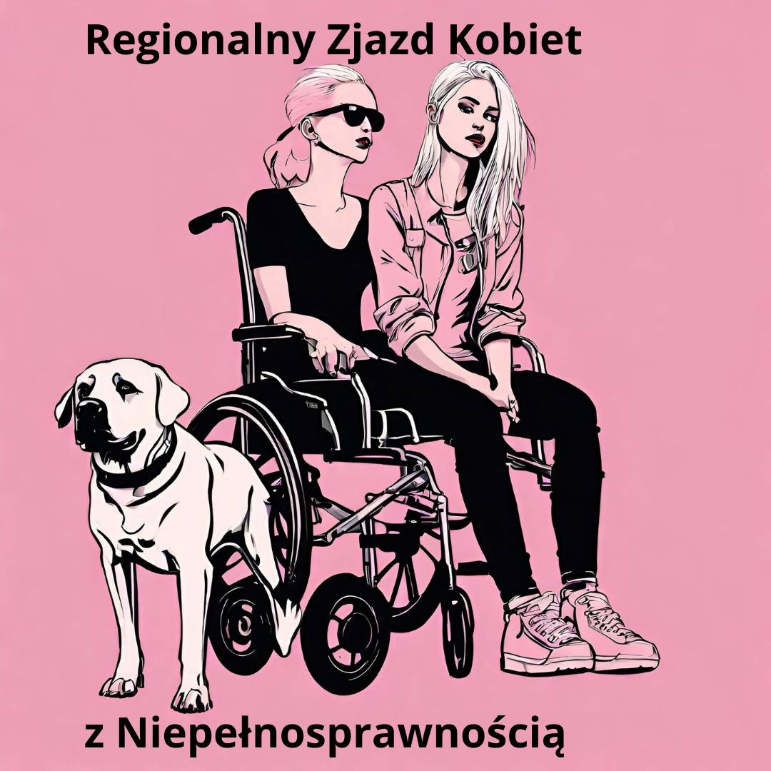 Dwie kobiety siedzące wspólnie na jednym wózku. Towarzyszy im pies typu labrador.