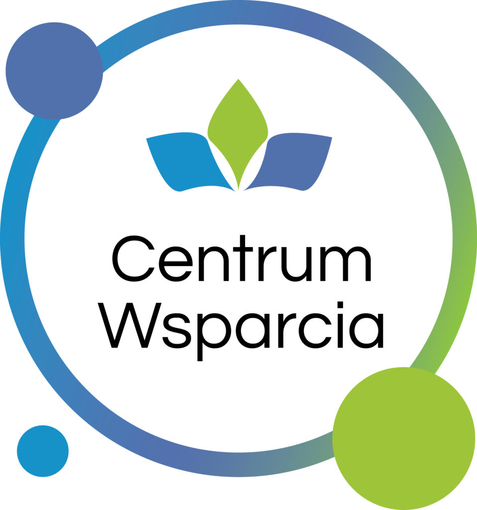 Logo Centrum Wsparcia - w niebiesko-zielonym okręgu niewielka, niebiesko-zielona grafika złożona z brył geometrycznych oraz napis Centrum Wsparcia.